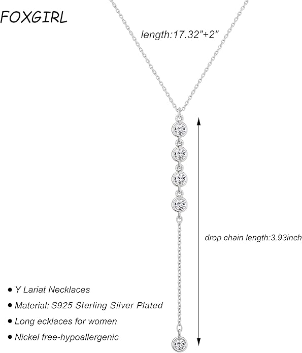 Foxgirl Lariat Gold Necklace for Women, Dainty Long Necklace 14k Gold Plated/Silver Y-Shaped Pendant Necklace Trendy Layered Cz Beaded Chain Drop Necklaces Simple Gold Jewelry For Women Gift