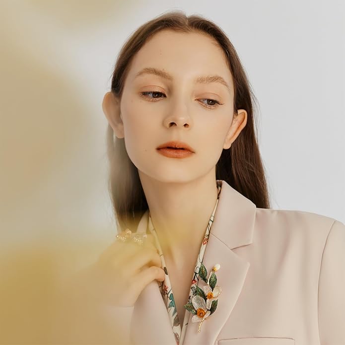 Handmade Embroidery Flower Brooch Pins for Women, SHE'S FREE STYLE JUST FOR YOU Luxury Gradient Stitching Floral Brooch Pins with Crystal stamen, Enamel Metal Butterfly with Green Leaves, Hand Dripping Oil Jewelry pins