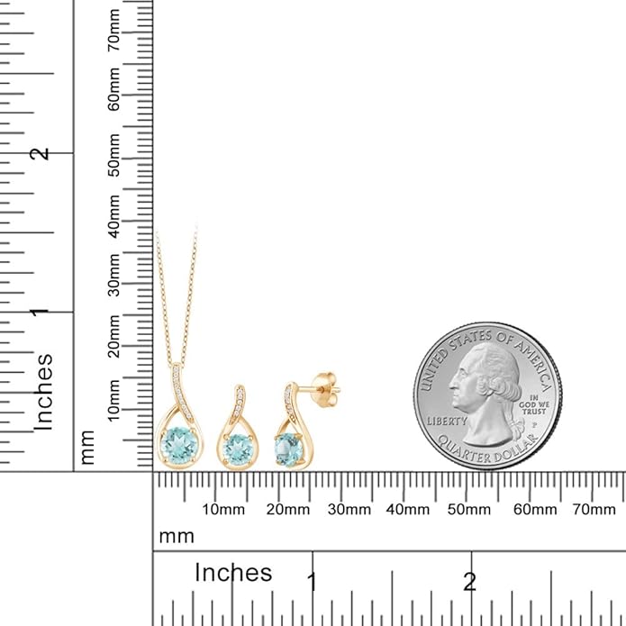 Gem Stone King 18K Yellow Gold Plated Silver Round Gemstone Birthstone and Diamond Pendant Earrings Jewelry Set For Women | Round 6MM and 5MM | With 18 Inch Chain