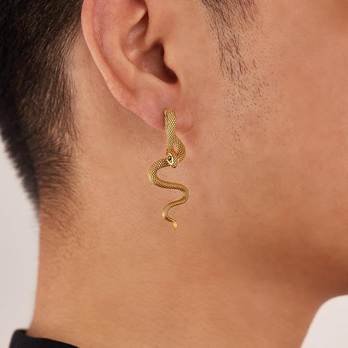 snake shaped personalized earrings with stainless steel pattern inlaid with emerald gemstones, showcasing unique charm for daily parties