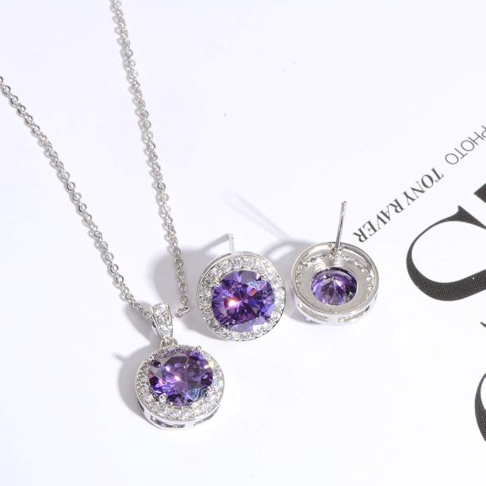 Bridal Crystal Jewelry Set - Sterling Silver Round Cubic Zirconia CZ Rhinestone Halo Birthstone Pendant Necklace Stud Earrings Set for Wedding Bride Bridesmaids Birthday Gift