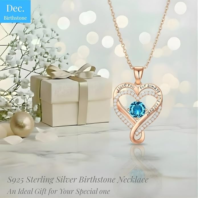Birthstone Infinity Heart Necklace for Women Wife Girlfriend Mom Daughter Gifts S925 Silver Jewelry For Anniversary Rose Gold Gifts For Birthday Christmas Mothers Valentines Day