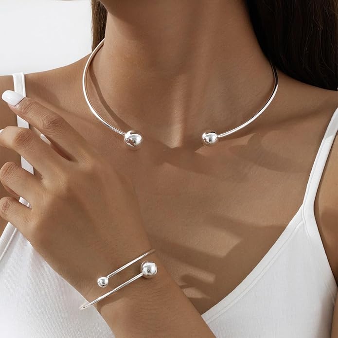 Collar Necklace for Woman Trendy Silver Choker Necklaces for Woman Statement Open Round Collar Choker Necklace