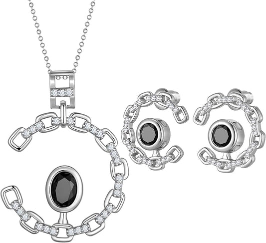 Ydou Elegant C-Shaped Crystal Necklaces/Stud Earrings Set with Birthstone Jewelry Set Silver Plated Fashion Jewelry for Women CS0003