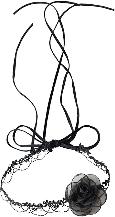 Black Choker Camellia Flower Lace-up Necklace For Women