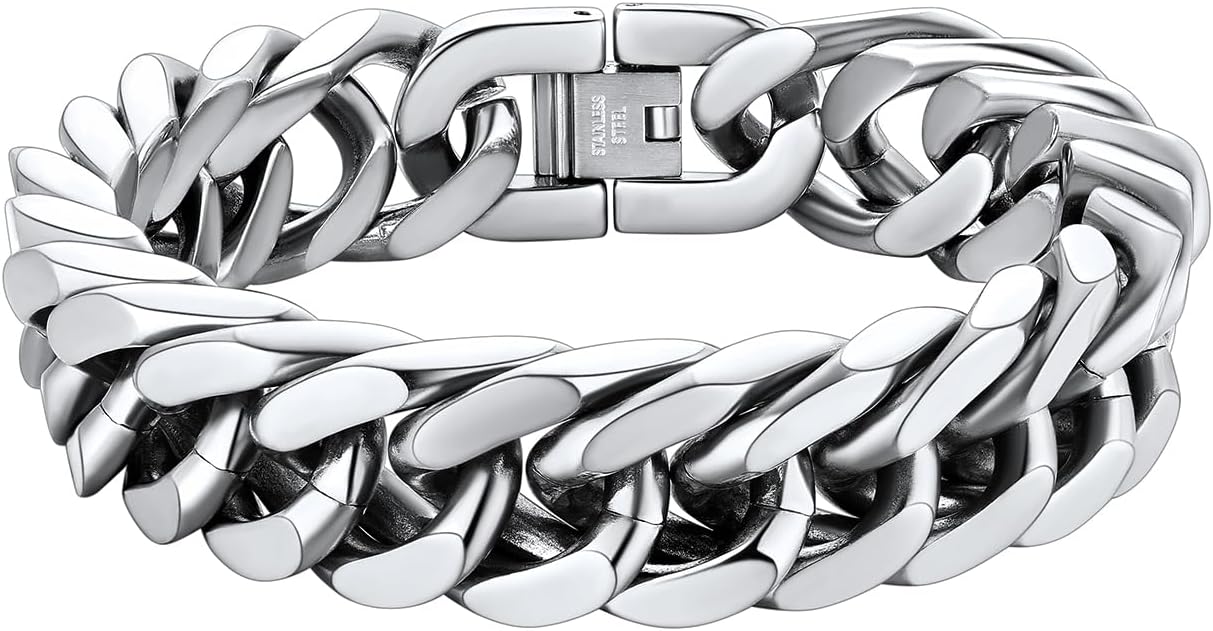 ChainsHouse Stainless Steel Cuban Link Bracelet, 8mm/12mm/17mm Width, 7.5"/8.3"/9", 18K Gold Plated Chain Wrist Bracelets for Men Women, Send Gift Box
