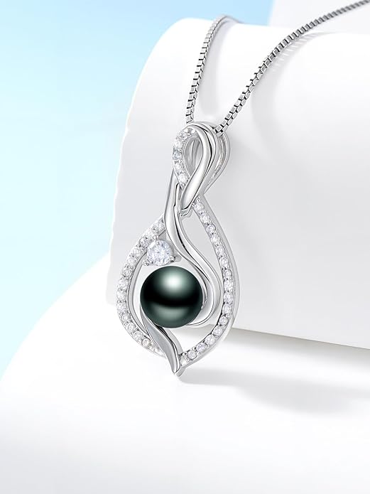 KANNSOAR Tahitian Black Pearl 18K White Gold Plated Sterling Silver Heart/Infinity/Four Leaf Clover Pendant Necklace Jewelry Gifts for Women Wife Mom Girlfriend Wedding Birthday Anniversary Christmas