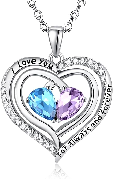 Zeuslia Double Birthstone Necklace Gifts for Wife - 925 Sterling Silver Sunflower/Rose/Crown Cross/Compass/Heart Pendant I Love You Necklace, Anniversary Birthday Gifts for Wife Girlfriend Mom Her