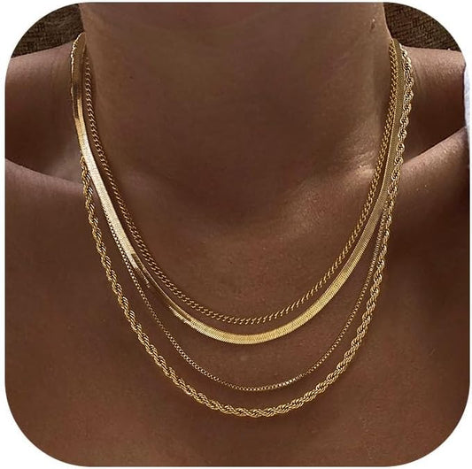 Tewiky Layered Necklaces for Women Non Tarnish- Chunky 14k Gold Plated Herringbone/Snake/Rope/Box/Cuban Link Chain for Women Waterproof Layering Stack Choker Necklace Trendy Dainty Tarnish Free Jewelry Set