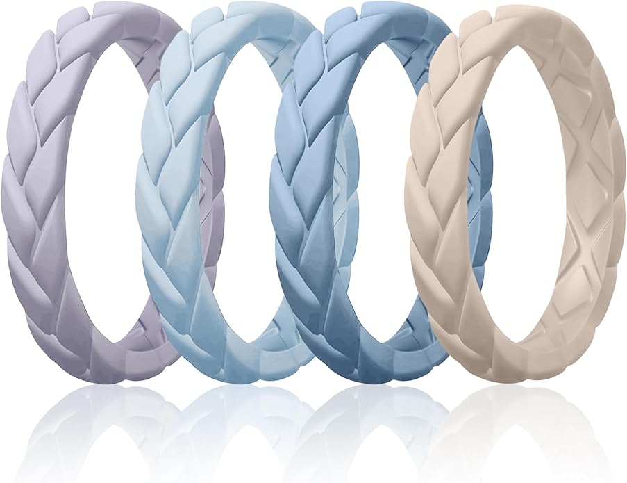 Egnaro Women's Silicone Stackable Rings 3.5mm Wide 2mm Thick, Rubber Flexible Hypoallergenic Wedding Bands For Workout Leaf Braided Fashion