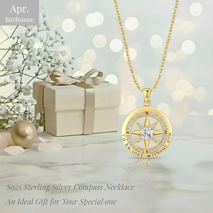 Compass Necklace for Women Wife Girlfriend Mom Daughter Gifts S925 Silver Jewelry For Anniversary Rose Gold Gifts For Birthday Christmas Mothers Valentines Day 12 Birthstones