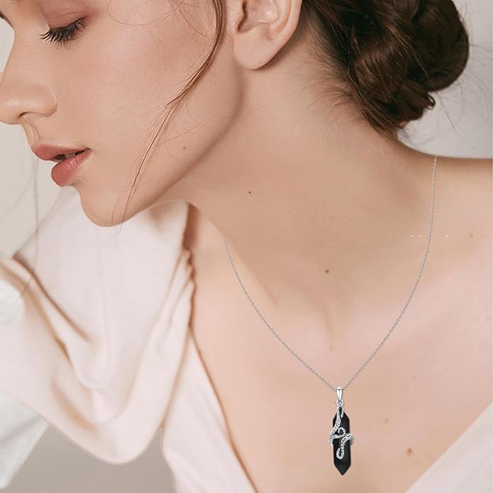 OHAYOO Octopus Tentacles Necklace 925 Sterling Silver Octopus Pendent Necklace Wrapped Obsidian Octopus Jewelry Gifts for Women