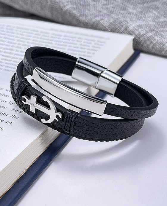 Italian Handmade Genuine Leather Bracelets for Men Stainless Steel Clip, Men's Casual Genuine Multi-layer Cuff Bracelet, Bracelet Gift for Real Men