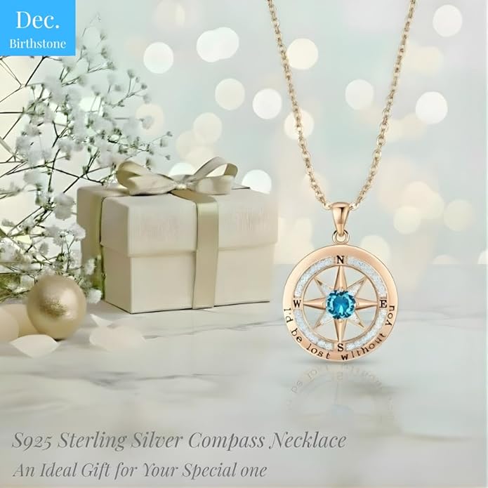 Compass Necklace for Women Wife Girlfriend Mom Daughter Gifts S925 Silver Jewelry For Anniversary Rose Gold Gifts For Birthday Christmas Mothers Valentines Day 12 Birthstones