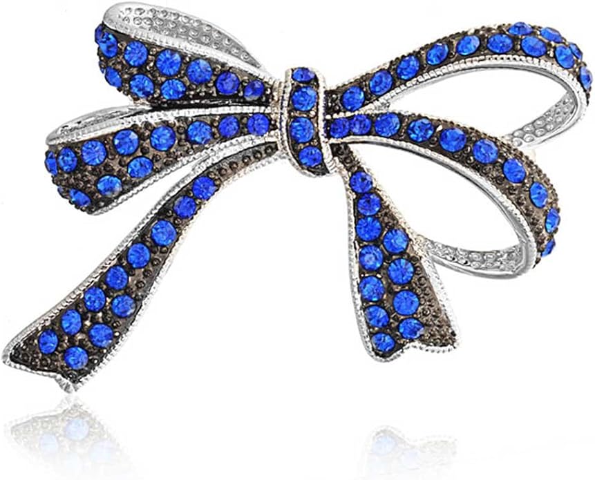Winter Holiday Blue White Glittering Crystal Bridal Fashion Large Statement Ribbon Scarf Bow Brooch Pin For Women Rose Gold or Silver Plated