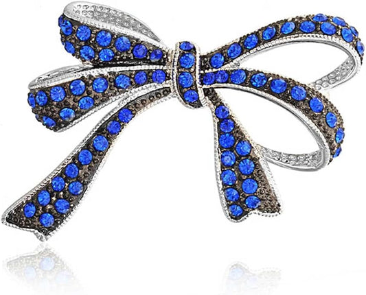 Winter Holiday Blue White Glittering Crystal Bridal Fashion Large Statement Ribbon Scarf Bow Brooch Pin For Women Rose Gold or Silver Plated