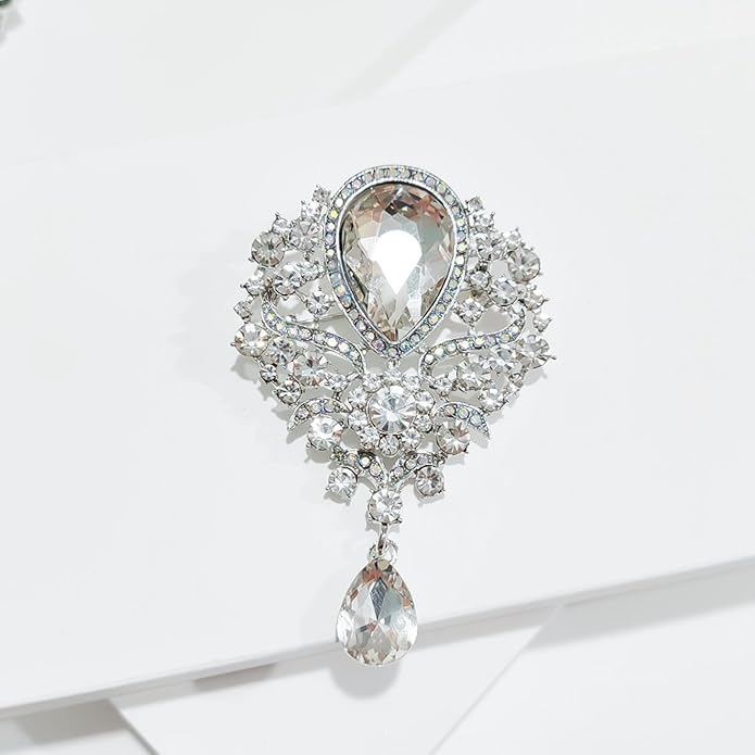 WCRAZYE Rhinestone Bridal Brooch for Women Delicate Sparkly Crystal Bouquet Flower Teardrop Brooch Pin Elegant Large Gorgeous Bouquet Brooch Pin Clothing Hat Bag Accessories Christmas Wedding Bridal Birthday Jewelry