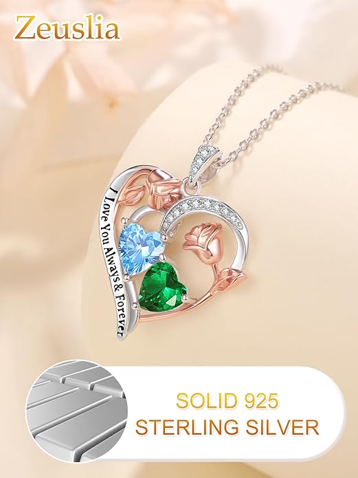 Zeuslia Double Birthstone Necklace Gifts for Wife - 925 Sterling Silver Sunflower/Rose/Crown Cross/Compass/Heart Pendant I Love You Necklace, Anniversary Birthday Gifts for Wife Girlfriend Mom Her