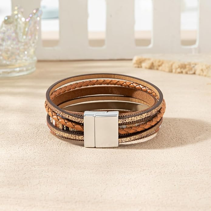Rantanto Braid Leather Wrap Bracelet Trendy Stackable Crystal Cuff Boho Gold Heart Bracelet Jewelry Gift For Women