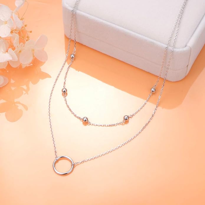 Layered Necklaces for Women S925 Sterling Silver Chokers Necklace for Women Circle/Heart/Double Circle/Cross/Star/Evil Eye Necklace Handmade Bead Necklaces Adjustable