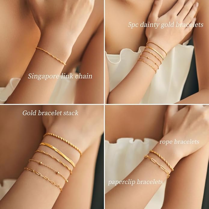 Gold Bracelets for Women Trendy,14K Gold Plated Dainty Stackable Paperclip Cuban Link Chain Bracelets, Simple Cute Cuff Bracelets Jewelry Set Adjustable 7"+2"