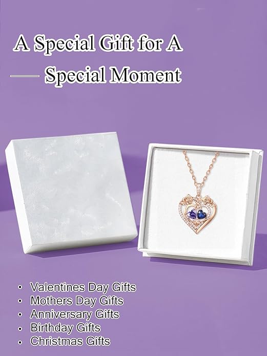 JIYVY32 Rose Heart Necklace for Women Exquisite 925 Sterling Silver Anniversary Birthday Gifts for Wife Mom Her Double Birthstone Pendant Jewelry