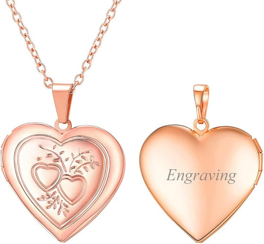 U7 Women Locket Necklace Platinum 14K Gold Photo Lockets that Hold Picture,Chain 20 Inch Personalized Gift Custom Love Heart Image Necklaces