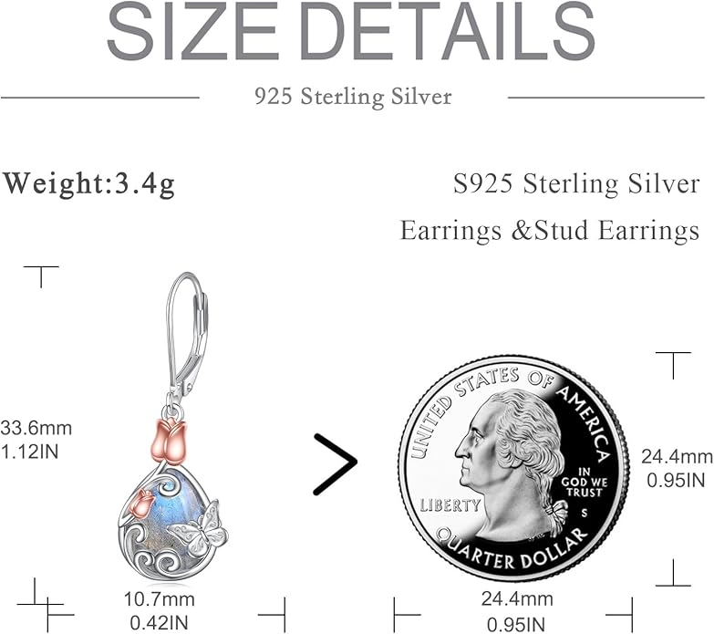AOBOCO Butterfly/Dragonfly/Bee/Ladybug Leverback Earrings 925 Sterling Silver Rose Lotus Tulip Flower Filigree Dangle Earrings Teardrop Moonstone Larimar Turquoise Abalone Shell Jewelry Birthday Gifts for Women