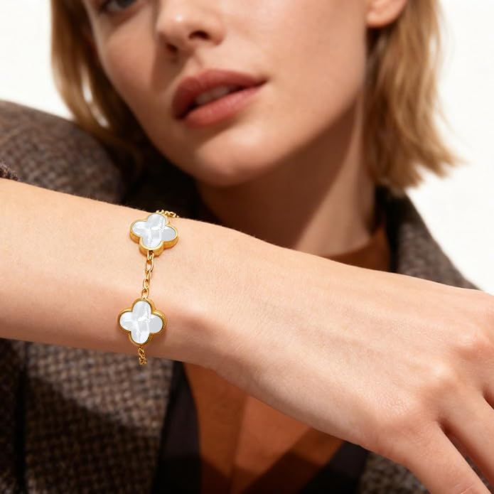 Aimétte Monette 18K Gold Plated Jewelry Set Clover Necklace Stud Earrings for Women Hypoallergenic Lucky Clover Pendant Necklace Gold Bracelets for Women Gifts