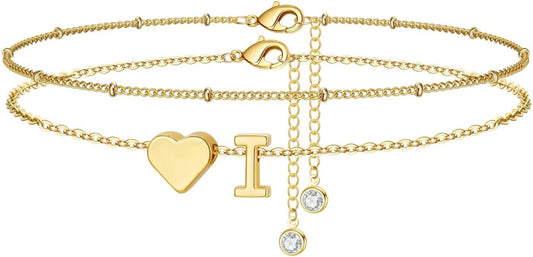M MOOHAM Gold Initial Ankle Bracelets for Women - Layered Heart Letter A-Z Initial Dainty Gold Anklets for Women Waterproof, Womens Anklets Jewelry Birthday Gifts Jewelry