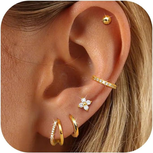 Florideco 925 Sterling Silver Earrings for Women Trendy Hypoallergenic Small Gold Hoop Earrings 14K Gold Plated Stud Earring Sets for Multiple Piercing CZ Ear Cuff Cartilage Earring Stacks
