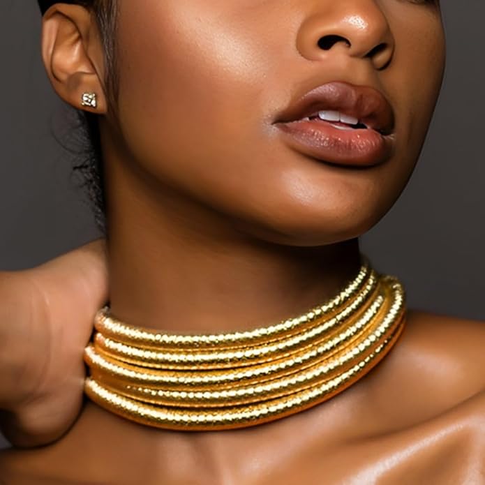 African Choker Necklace Gold Rope Weave Collar Layered Boho Tribal Chokers Multilayer Statement Party Jewelry Accessories for Women
