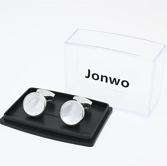 Jonwo Silver / 14K Gold Plated Natural Mother of Pearl Cufflinks for Men Women Classic Round Men's Cufflinks Jewelry for Wedding Party Anniversary Business Tuxedo Dress