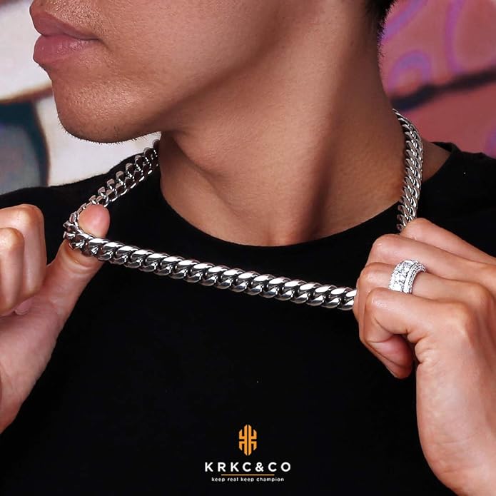 KRKC&CO Cuban Link Chain for Men 8/10/12/14mm, Brithday Gift for Men, 18k Gold Miami Necklace, Durable, Anti-Allergies Hip Hop Jewelry for Mens
