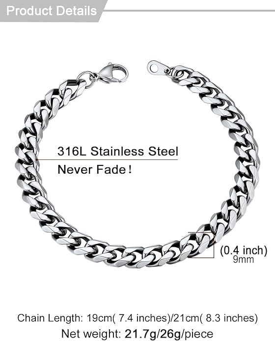 U7 Link Bracelets for Men, Cuban Link/Rope/Watch Band Solid Bracelet, Silver Black Gold Color Wrist Bracelet 3/6/9/12/15mm Width, 6.5/7.5/8.3 Inch Length, Hand Chain Jewelry for Mens Women