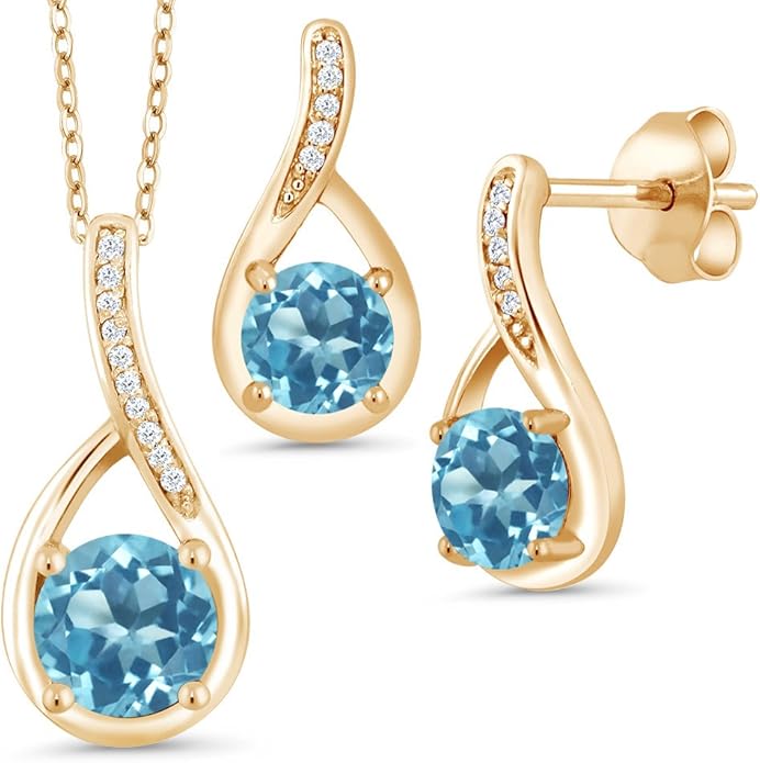 Gem Stone King 18K Yellow Gold Plated Silver Round Gemstone Birthstone and Diamond Pendant Earrings Jewelry Set For Women | Round 6MM and 5MM | With 18 Inch Chain