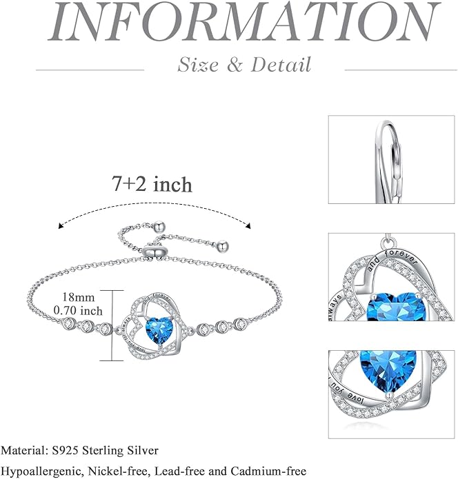 TOUPOP Heart Birthstone Bracelet 925 Sterling Silver Double Heart Bracelet Love You for Always and Forever Jewelry Anniversary Birthday Christmas Gifts for Women Wife Her