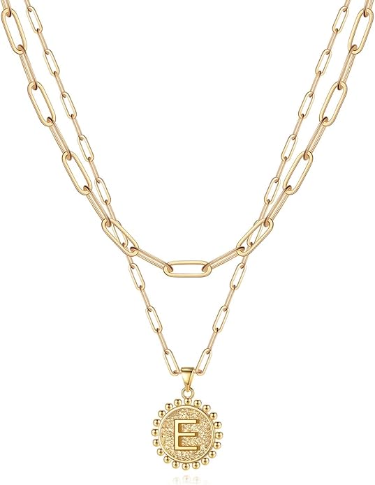 Yoosteel Gold Initial Necklaces for Women, 14K Gold Plated Dainty Layering Paperclip Link Chain Necklace Coin Initial Layered Necklaces for Women Personalized Birthday Gifts