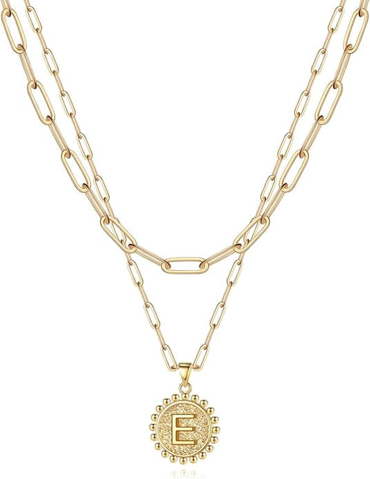 Yoosteel Gold Initial Necklaces for Women, 14K Gold Plated Dainty Layering Paperclip Link Chain Necklace Coin Initial Layered Necklaces for Women Personalized Birthday Gifts