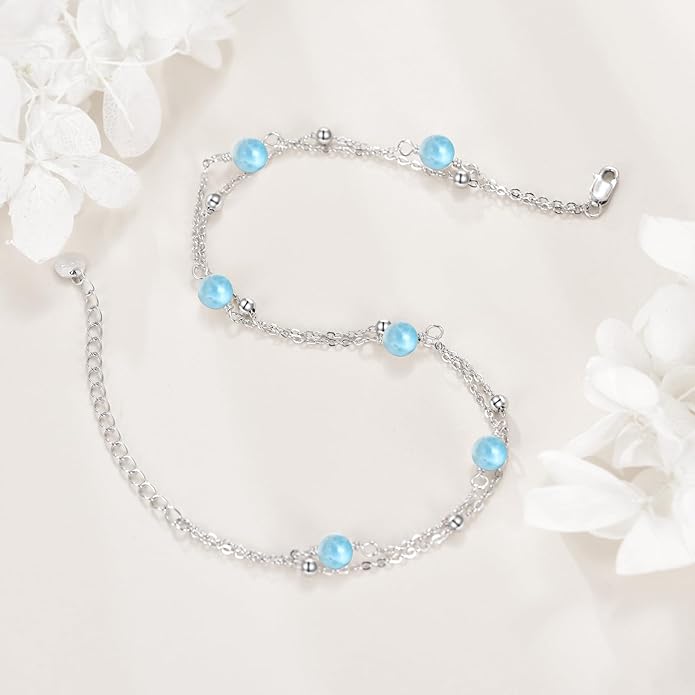 CRMAD Pearl/Moonstone/Larimar/Turquoise/Opal/Black Onyx Bracelet Anklet for Women Sterling Silver Beach Jewelry Gift for Women