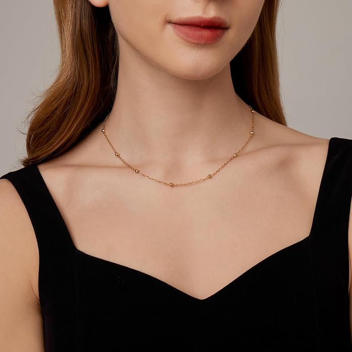 Gold Chain Necklace for Women Dainty 18K Gold Plated Thin Satellite Beaded Turquoise Necklace Simple Gold Boho Jewelry