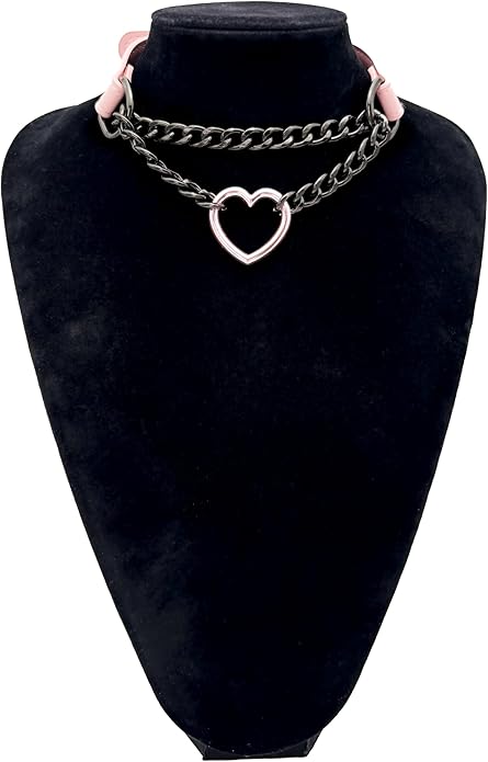 Black Leather Choker Collar For Women, Handmade Heart Slip Chain Choker Long Necklace with Adjustable Buckle