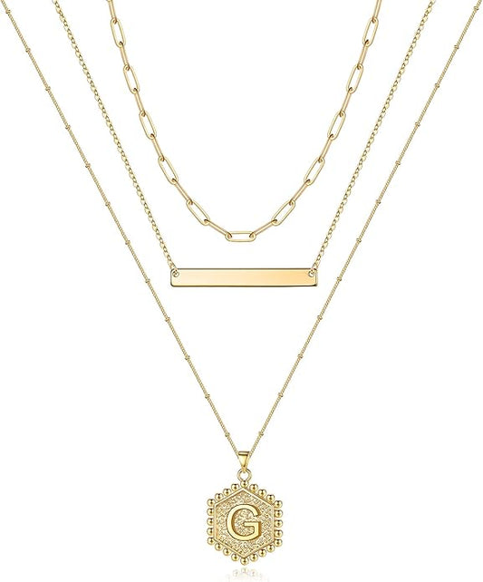 Turandoss Gold Layered Initial Necklaces for Women, 14K Gold Plated Bar Necklace Handmade Layering Hexagon Letter Pendant Beads Chain Necklace Layered Necklaces for Women Gold Jewelry Gifts