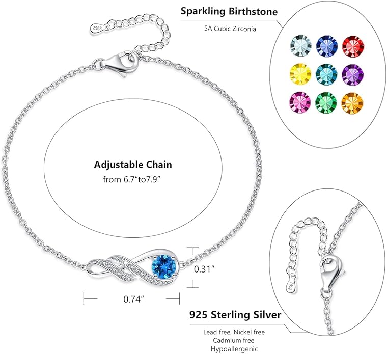 Birthstone Bracelets for Women 925 Sterling Silver Created Gemstone Bracelet Infinity Pendant Jewelry for Her, 6.7"+1.2"