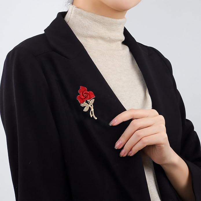 QLUYCKW Rose Flower Brooch Pin for Women Fashion Dainty Gold Plated 3D Red Roses Floral Crystal Brooch Pin Birthday Dress Suit Accessories Jewelry
