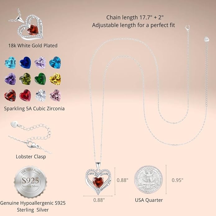 Birthstone Heart Necklace for Women Wife Girlfriend Mom Daughter Gifts S925 Silver Jewelry For Anniversary Rose Gold Gifts For Birthday Christmas Mothers Valentines Day