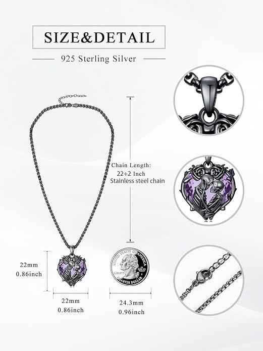 Flpruy 925 Sterling Silver Black Gothic Jewelry Gifts Skeleton Couple Pendant Crystal Birthstone Heart Necklace Punk Romantic Jewelry for Lover Men Women