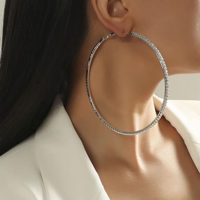 925 Sterling Silver Earrings Large Rhinestone Hoop Earrings Big Cubic Zirconia Hoop Earrings Thin Rhinestones Round Hoop Earrings for Women 20/30/40/50/60/70mm Sparkly Hoops With Crystals for Womens