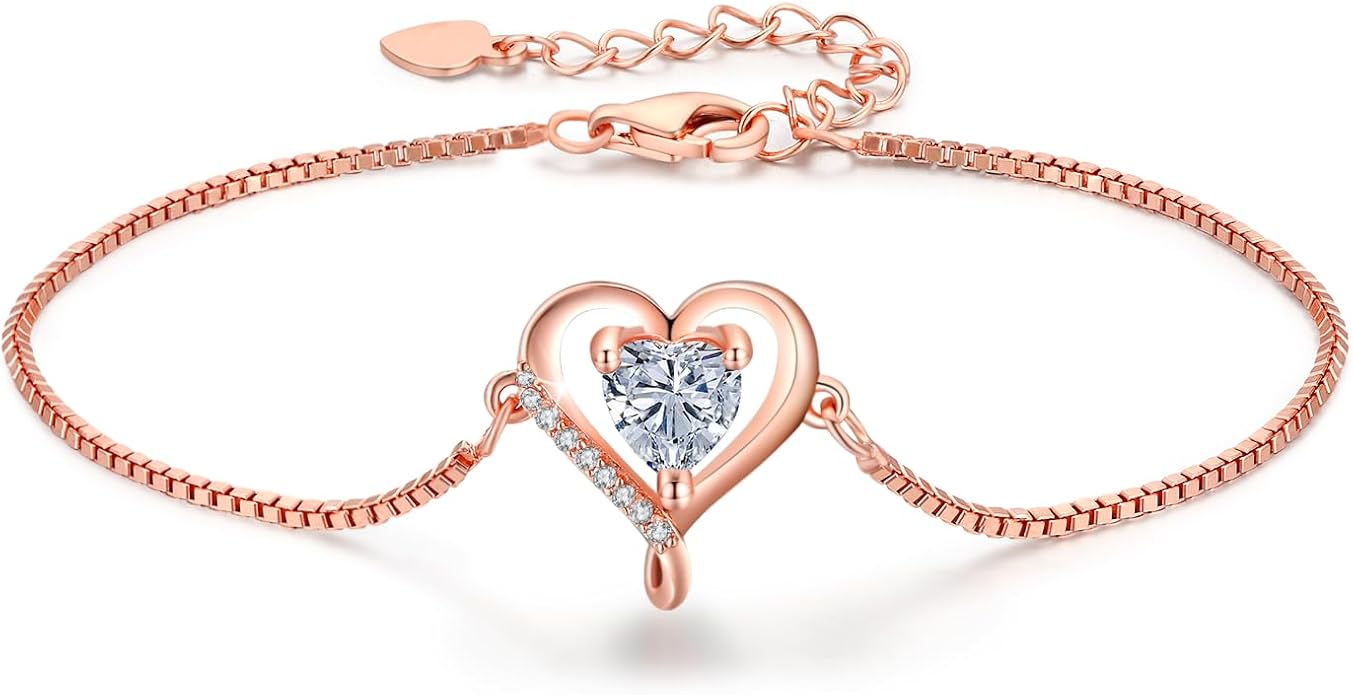 LAVUMO Love Heart Bracelets for Women 925 Silver Charm Birthstone Bracelet Adjustable Anniversary Birthday Jewelry Gifts for Women Girlfriend Wife Daughter Mom Her