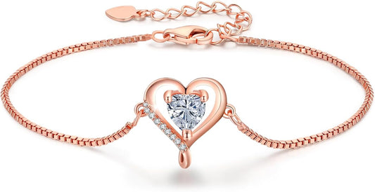 LAVUMO Love Heart Bracelets for Women 925 Silver Charm Birthstone Bracelet Adjustable Anniversary Birthday Jewelry Gifts for Women Girlfriend Wife Daughter Mom Her